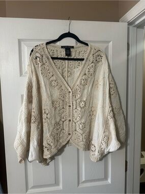 Anthropologie Crochet Knit Cream Tunic Cardigan